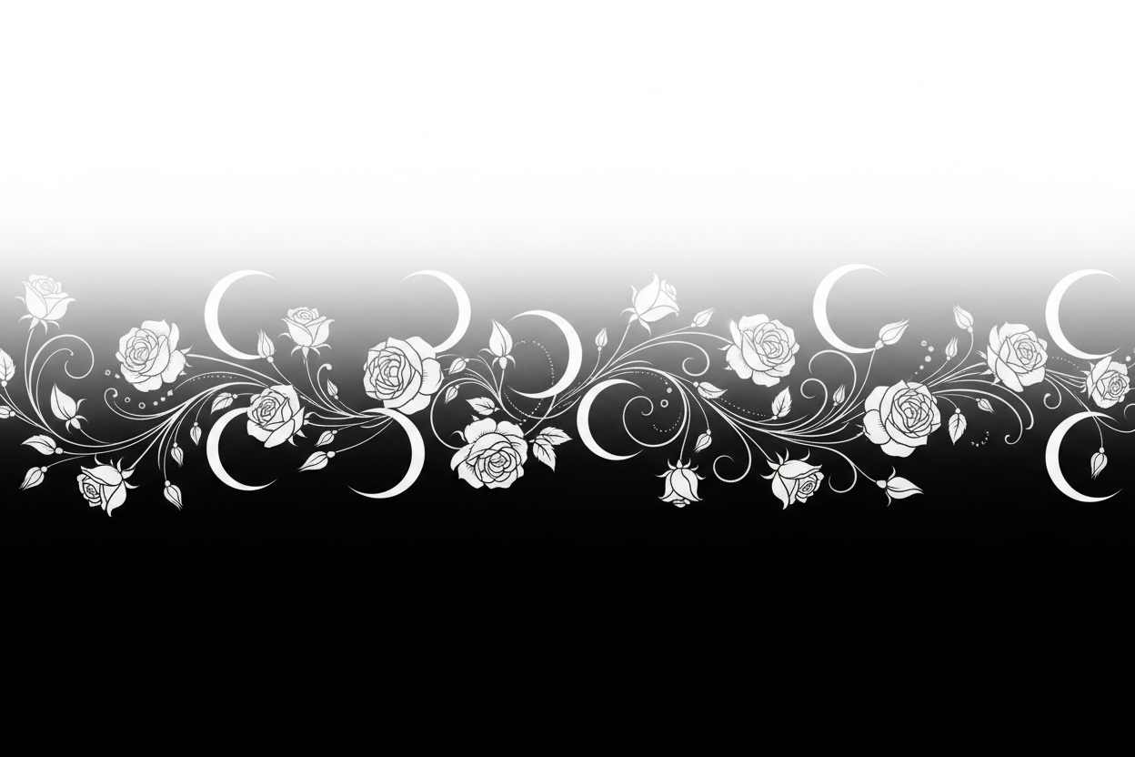 mitad para arriba color blanco, mitad para abajo color negro, lunas y rosas blancas haciendo la transición del blanco al negro